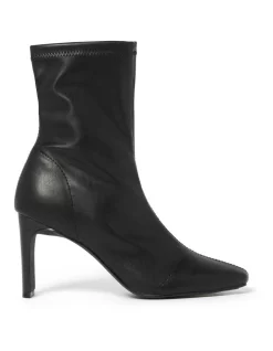 Hot Sale 😀 Forever New Frida Sock Black Faux Leather Wide Stiletto Heel Boot 🔔