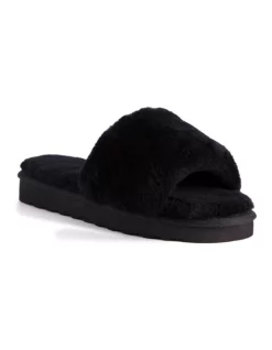 Budget 😉 AUS WOOLI UGG WOMEN SHEEPSKIN FLUFF SLIDE Black 🔔
